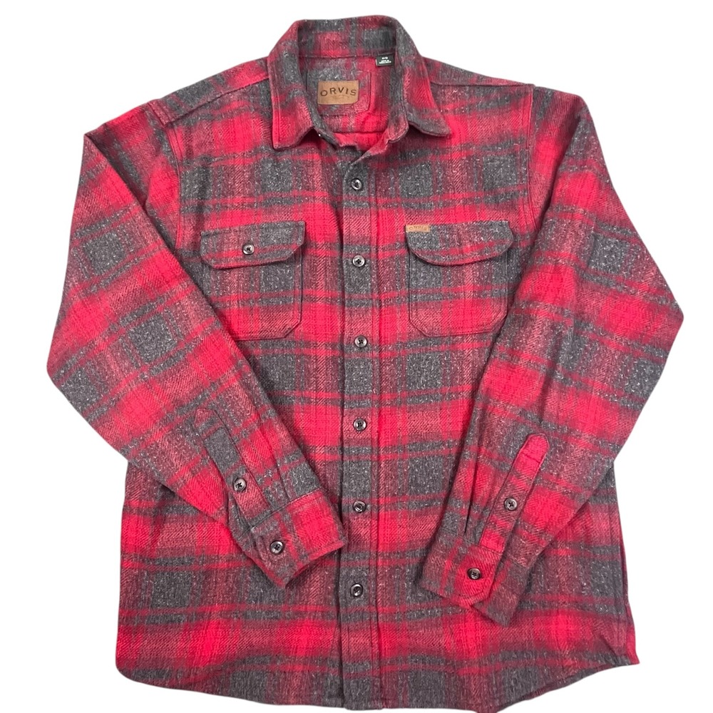 ORVIS Plaid Flannel Shirt Red Gray Long Sleeve Button Up Men's Medium